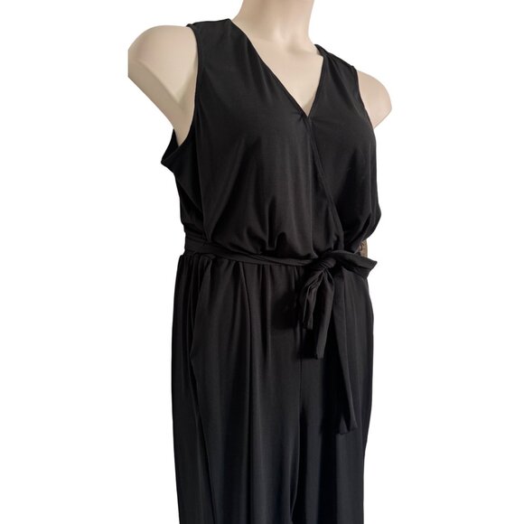 NY Collection Petite XL Sleeveless Black Jumpsuit Tie Waist Stretchy Pockets NWT - Picture 2 of 11